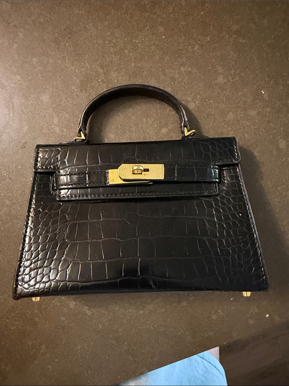 Black Croc-Embossed Top Handle Bag with Gold Hardware